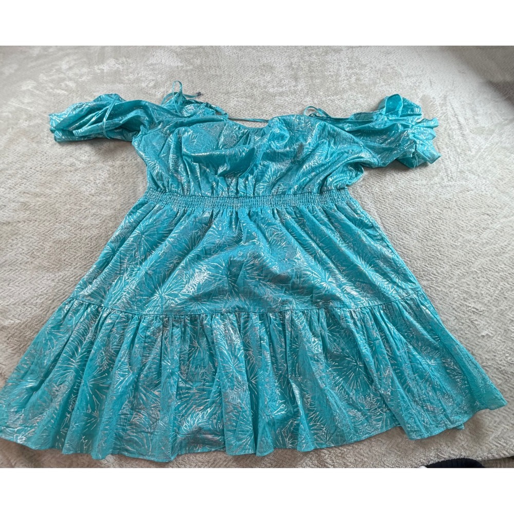 Michael Kors Turquoise Metallic Silver Palm Cold Shoulder Smocked Dress 2X - Picture 10 of 10